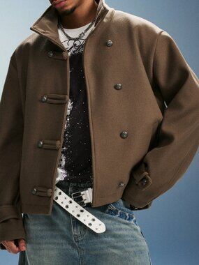 Brown Minimalist Men's Stand Collar Button Front Jacket